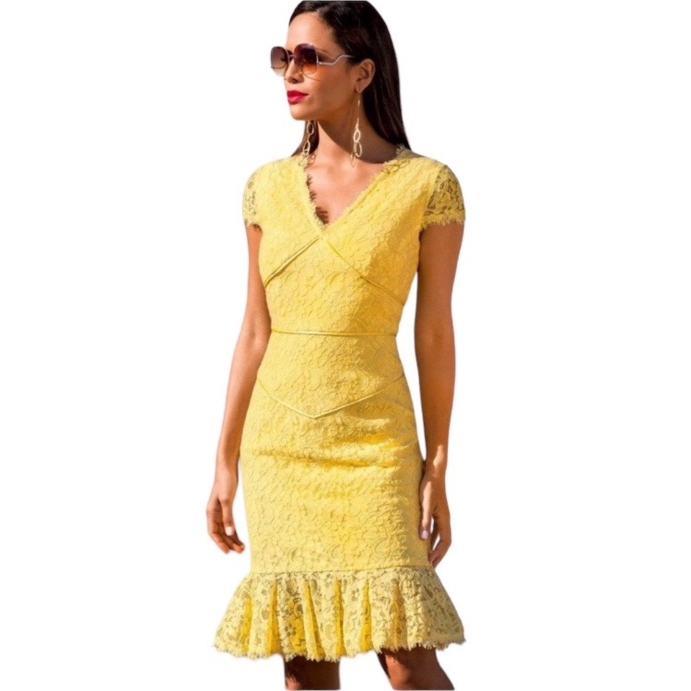 Nue by Shani Trumpet Cap Sleeve Lace Midi Dress